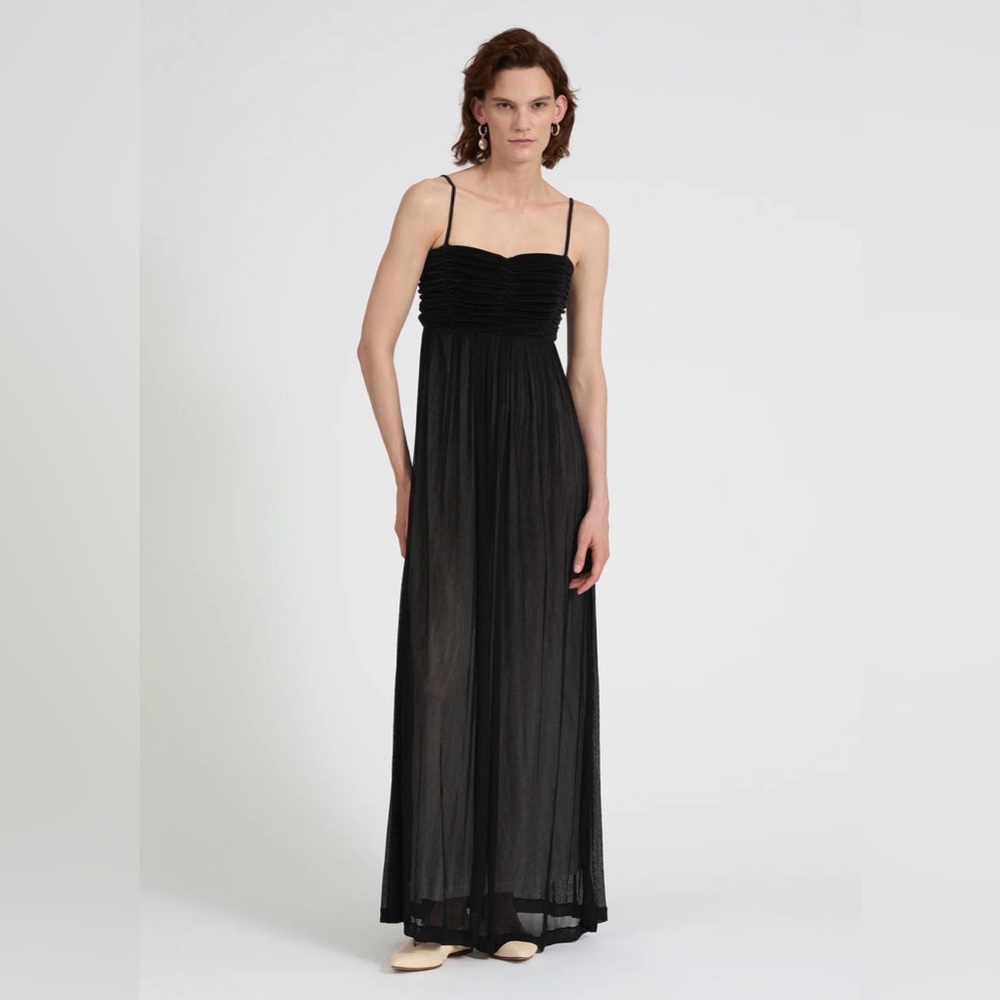 BITE Black Ruched Bodice Maxi Evening Gown Sheer Overlay Spaghetti Strap NWOT